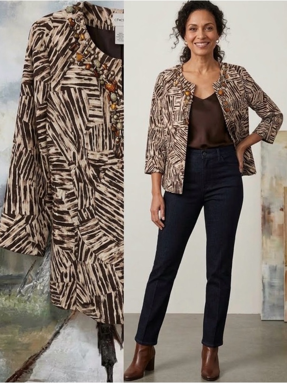 Chicos Jacket Brown Stripe Beaded Topper Lined Hook Eye Closure Women’s sz S/M